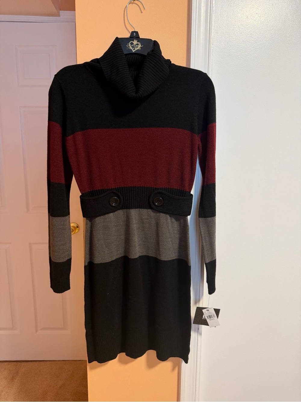 Iz Byer Black, Burgundy & Gray Striped Turtleneck Sweater Dress